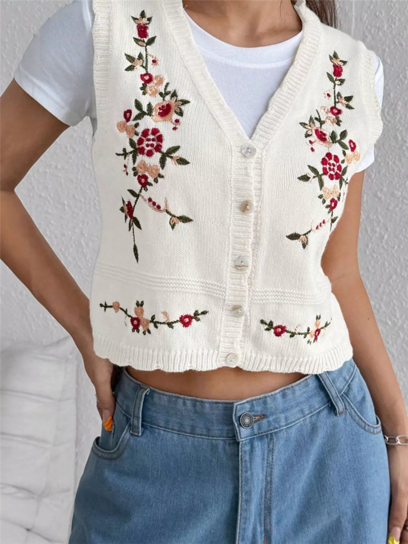 Chic Embroidered Button-Up Sweater Vest – Layer for Every Season