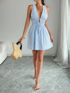 Striped Pom-Pom Trim Tie-Front Sleeveless Mini Dress