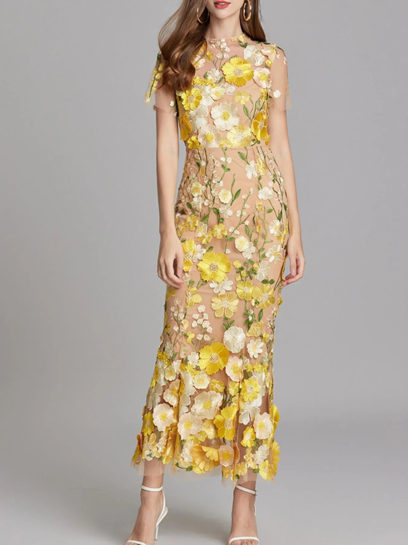 Embroidered Mesh Overlay Maxi Dress – Lined Evening Wear with Zipper Closure