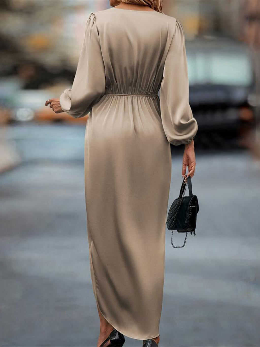 High-Low Surplice Balloon Sleeve Midi Dress - Elegant & Flowy