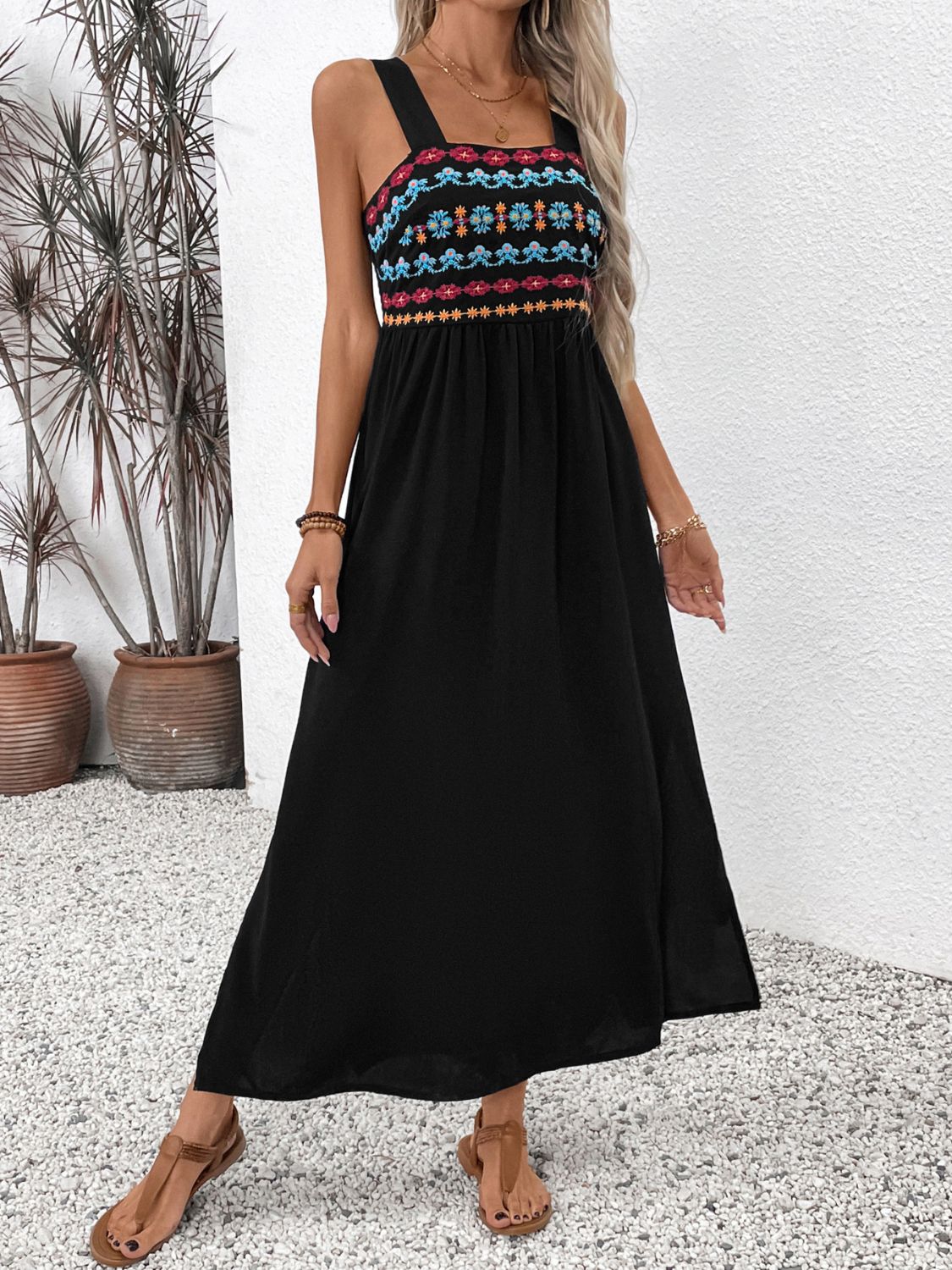 Perfee Embroidered Floral Side Slit Sleeveless Midi Dress Black