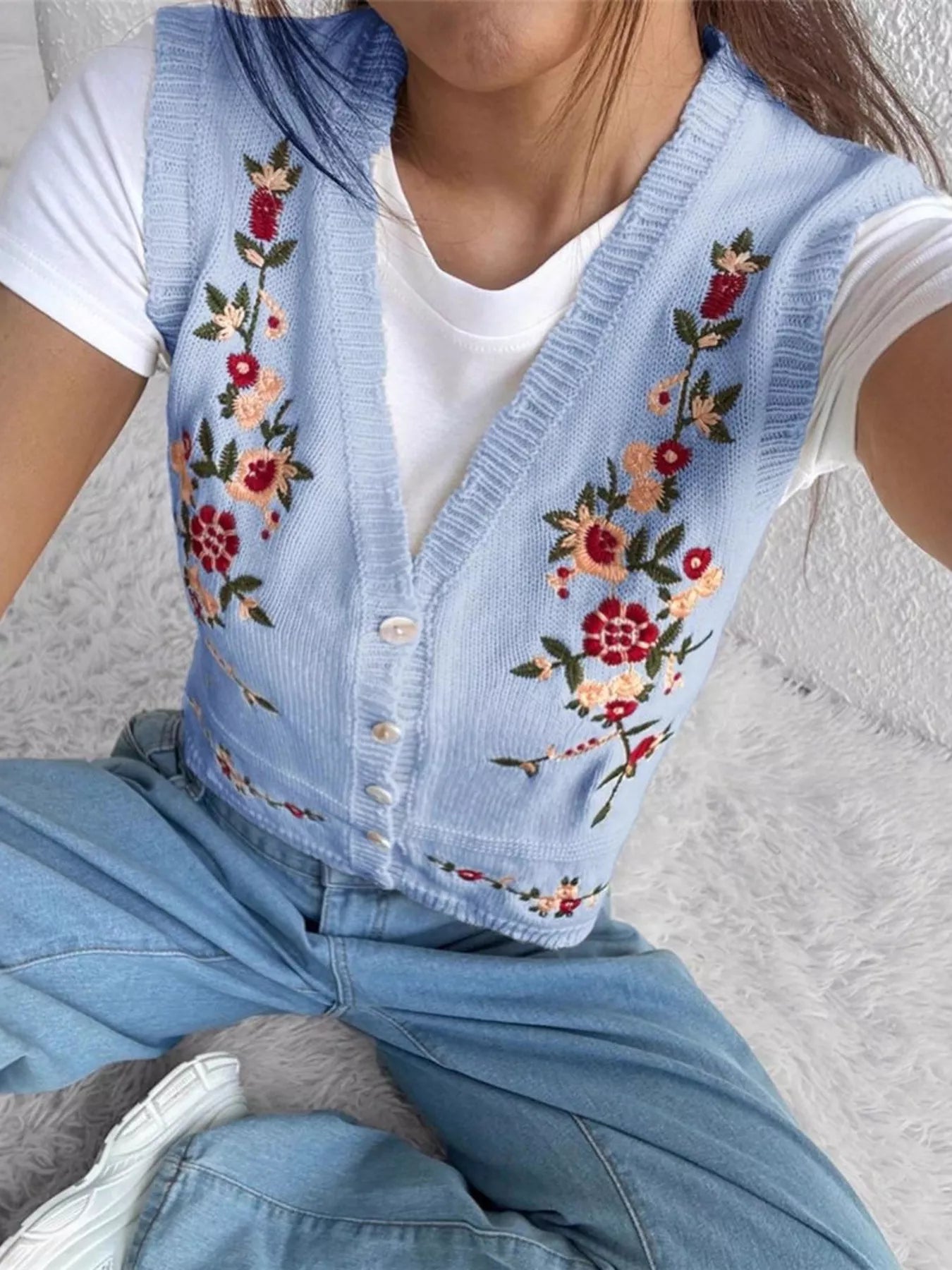 Chic Embroidered Button-Up Sweater Vest – Layer for Every Season