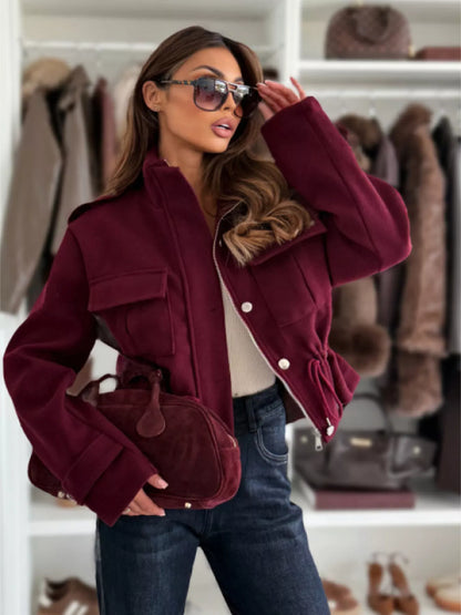 Drawstring Waist Cropped Utility Jacket Burgundy