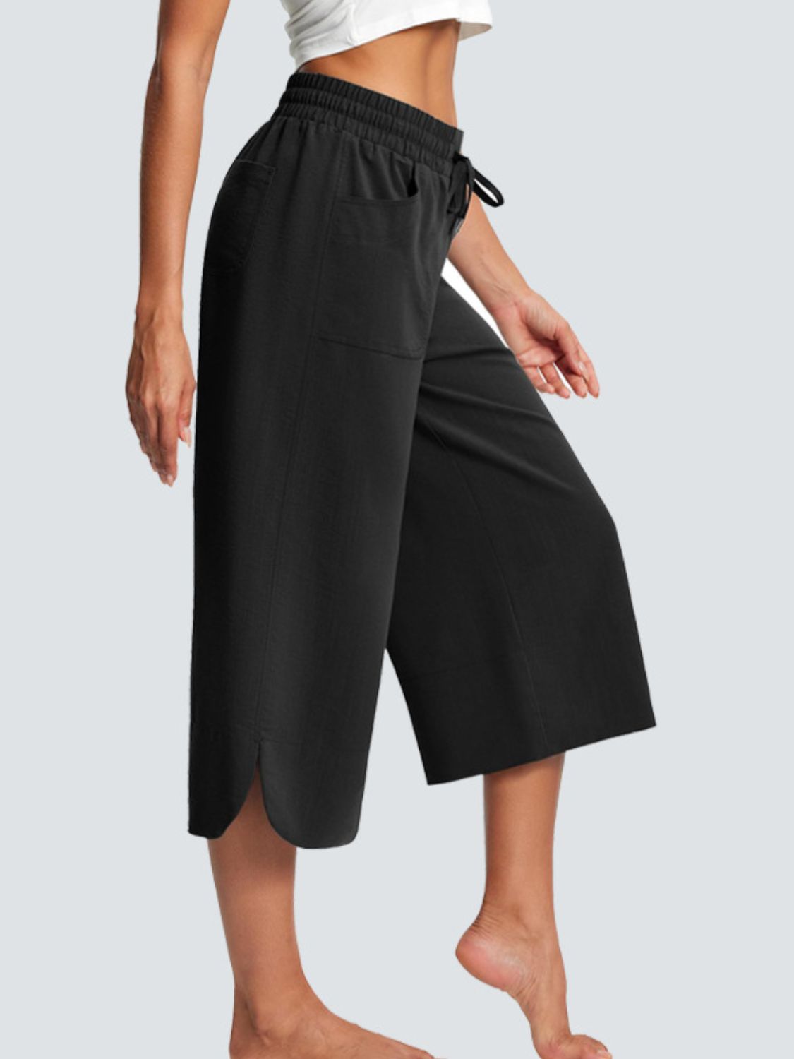 Cross Wide Leg Jeans with Pockets & Drawstring - Plus Size Available Black