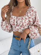 Floral Square Neck Ruched Crop Blouse with Balloon Sleeves