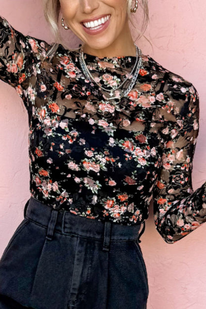 Floral Round Neck Long Sleeve Blouse Black