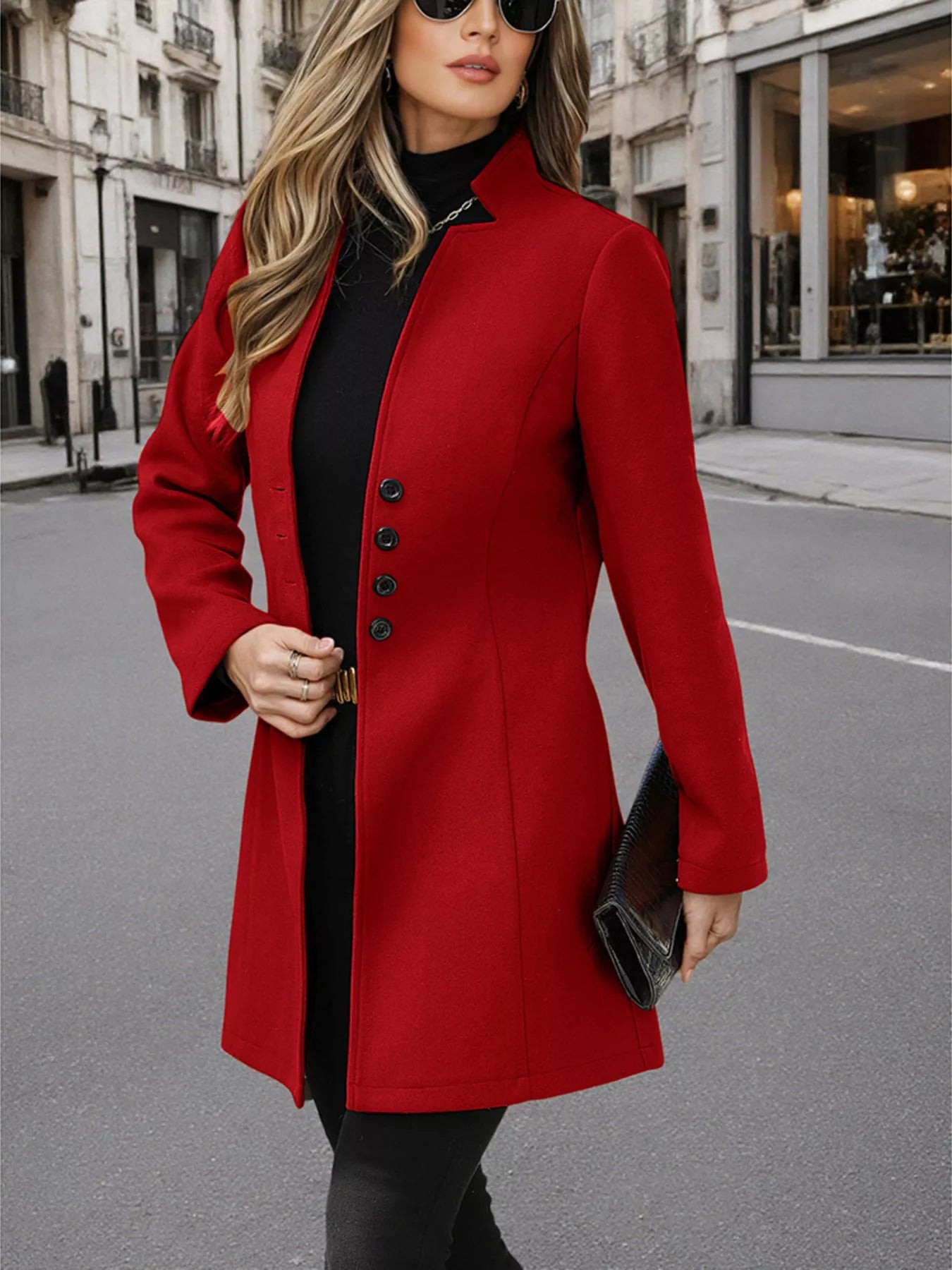 Classic Button-Up Long Sleeve Coat Red