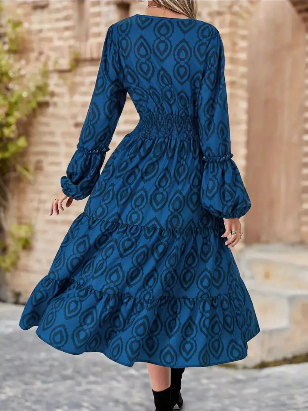 Smocked Balloon Sleeve Round Neck Midi Dress