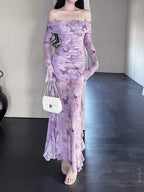 Butterfly Print Off-Shoulder Mesh Mermaid Dress