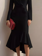 Elegant Ruffled Hem Long Sleeve Cotton Blazer Midi Dress