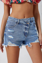 High-Rise Crossover Waist Denim Shorts - Distressed & Stylish