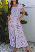 Floral Tiered Maxi Dress - Shirred Waist Elegance