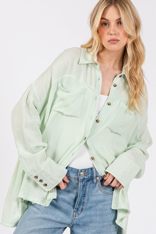 SAGE + FIG Frayed Hem Button-Down Shirt with Side Slits