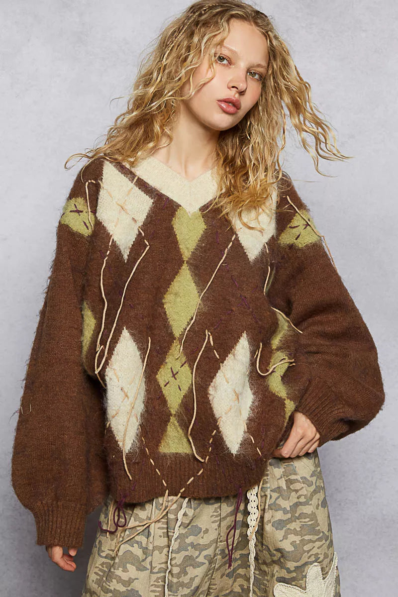 POL Argyle Dreams V‑Neck Mohair Sweater with Contrast Stitch
