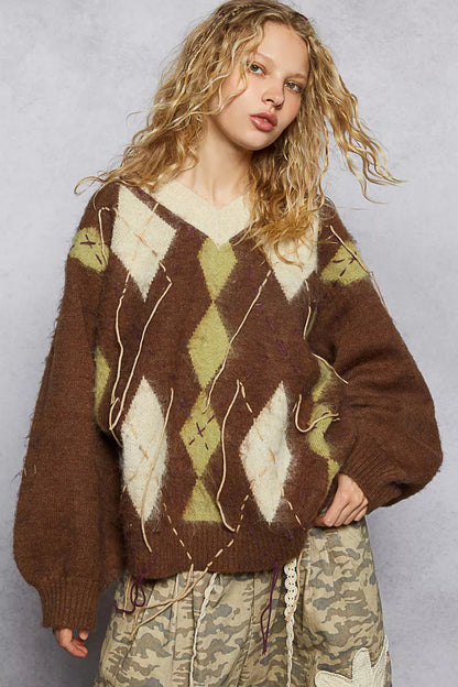 POL Argyle Dreams V‑Neck Mohair Sweater with Contrast Stitch