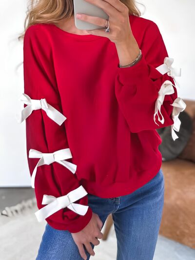 Contrast Bow Round Neck Long Sleeve Sweatshirt Deep Red