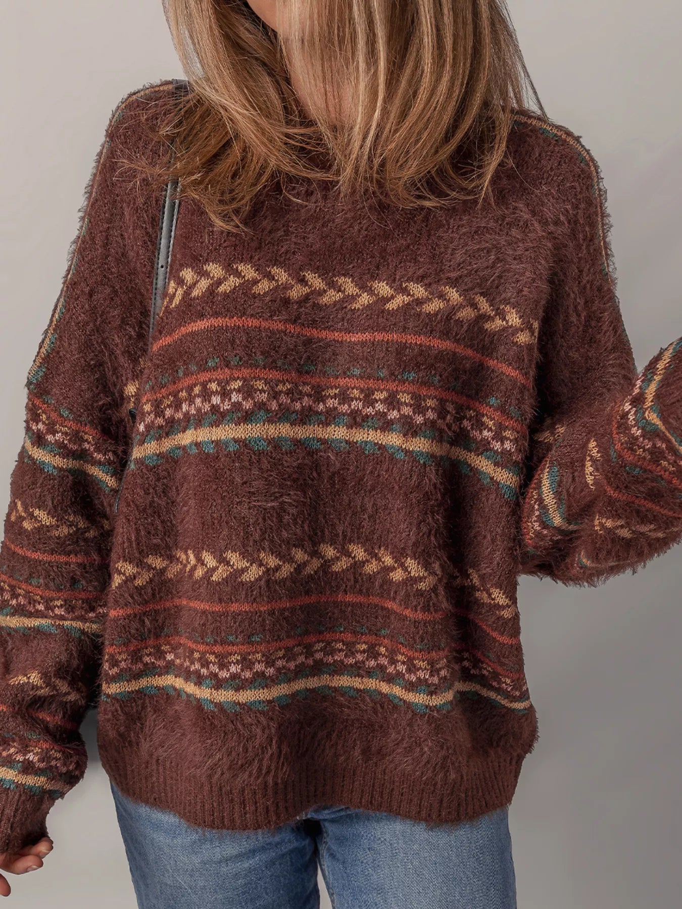 Ethnic Pattern Mohair Knit Oversized Drop Shoulder Sweater