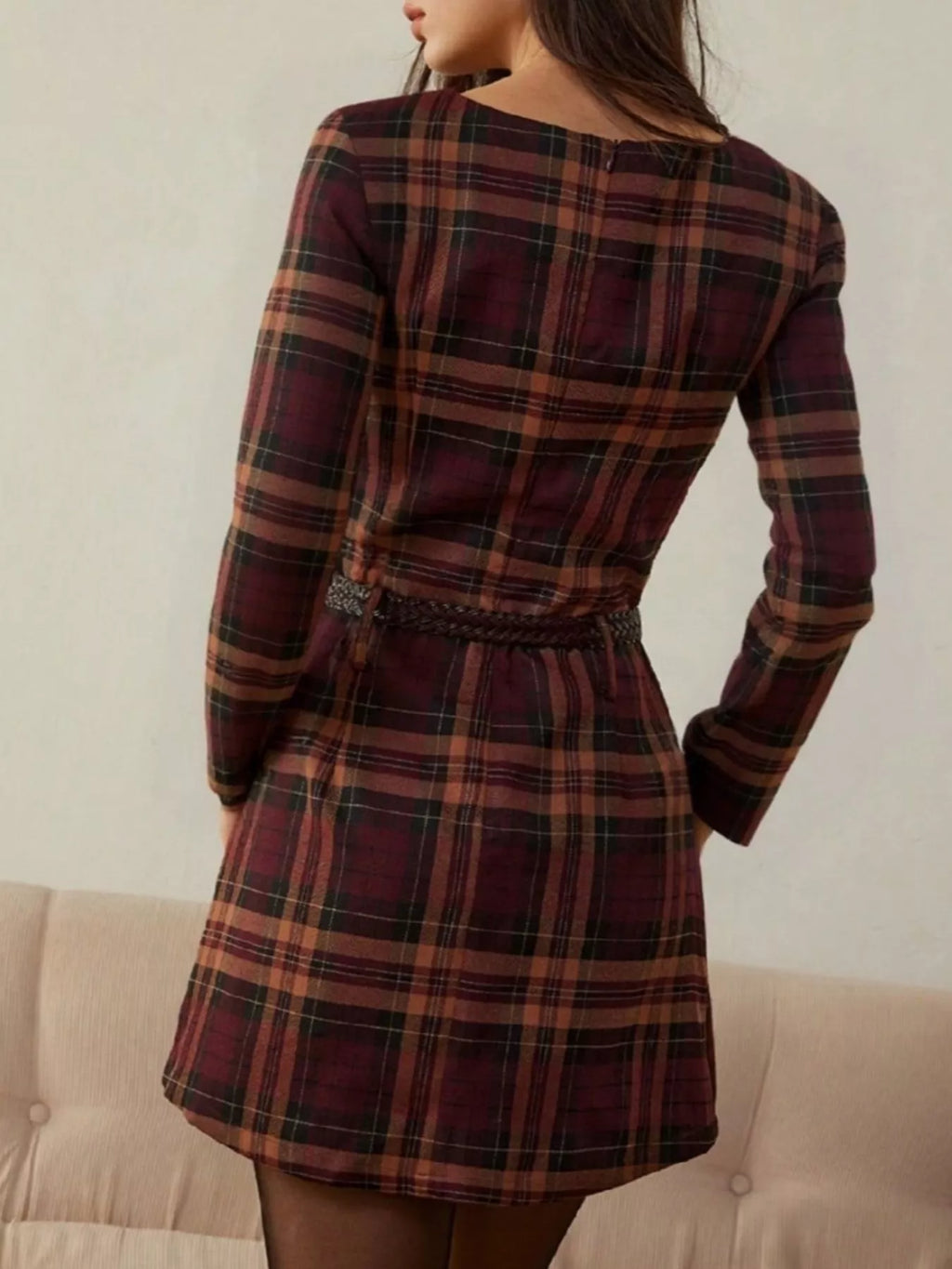 Classic Plaid Long Sleeve Zip-Back Mini Dress