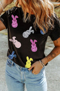 Sequin Bunny Doll T-Shirt - Sparkly Easter Short Sleeve Tee Black