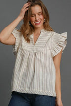 Umgee Full Size Striped Ruffled Babydoll Top - Chic & Flowy Dust Storm