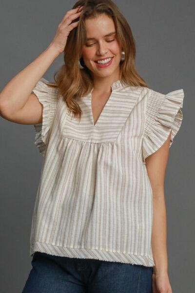 Umgee Full Size Striped Ruffled Babydoll Top - Chic & Flowy Dust Storm
