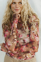 Chic Floral Mock Neck Sheer Long Sleeve Top Floral