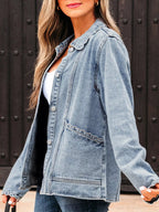 Stylish Scallop Trim Collar Denim Jacket with Patched Pockets