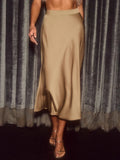 Elegant Satin Midi Skirt for Women Khaki