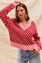 SO ME Color Block Textured V-Neck Christmas Sweater Top