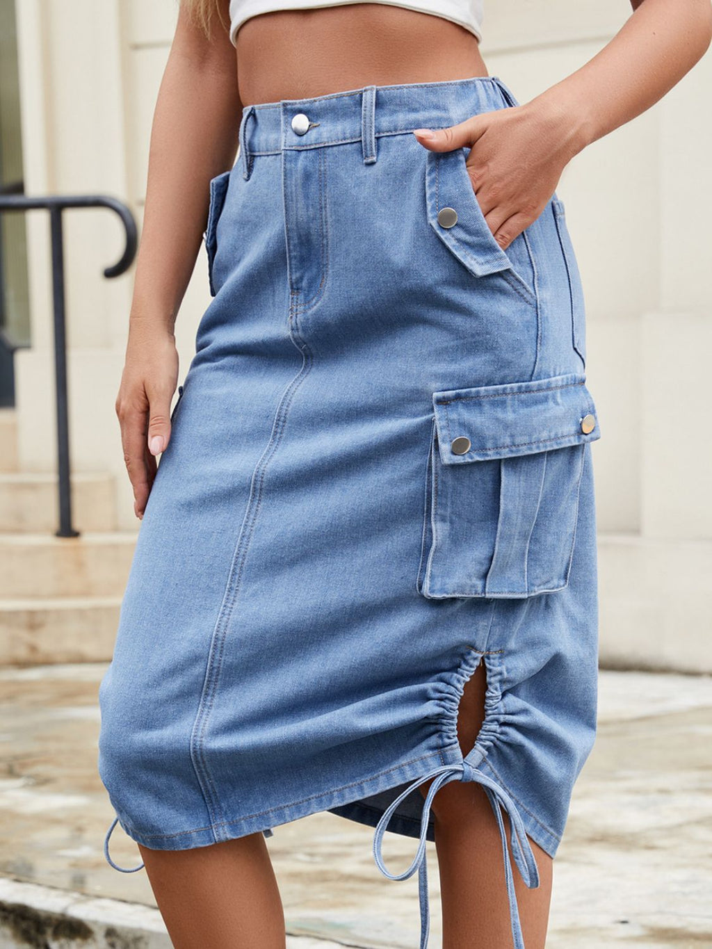 Drawstring Denim Skirt with Cargo Pockets - Casual & Stylish
