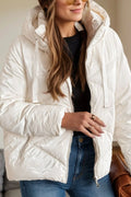 Drawstring Zip-Up Hooded Winter Coat with Pockets White