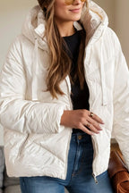 Drawstring Zip-Up Hooded Winter Coat with Pockets White