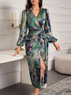 Printed Tie-Waist Balloon Sleeve Midi Dress