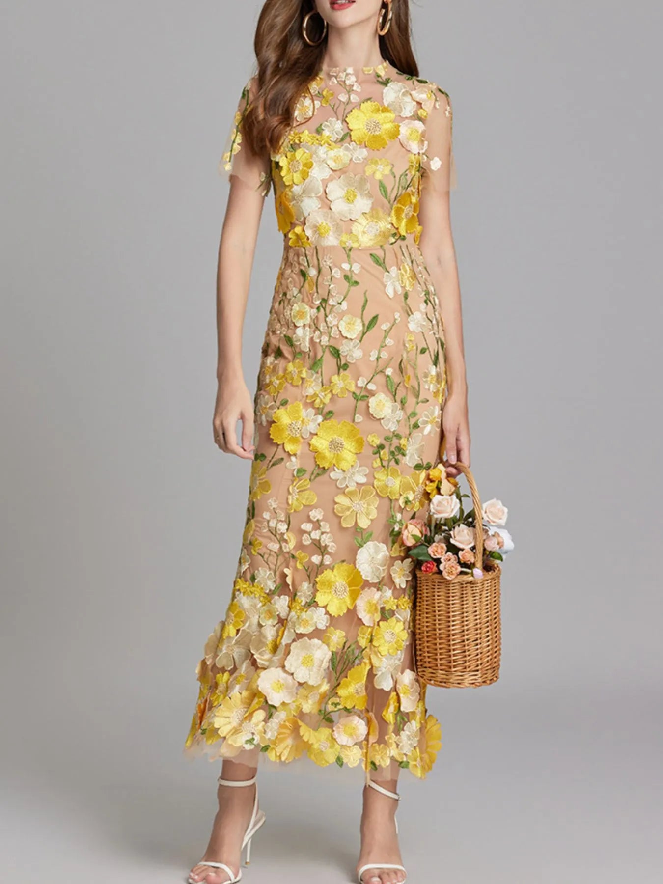 Embroidered Mesh Overlay Maxi Dress – Lined Evening Wear with Zipper Closure Yellow