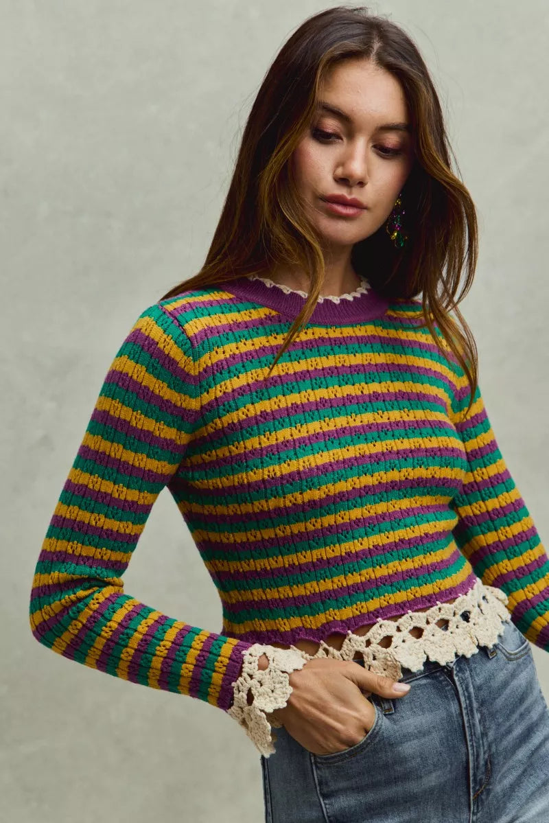 SO ME Mardi Gras Striped Crochet-Trim Cropped Knit Top