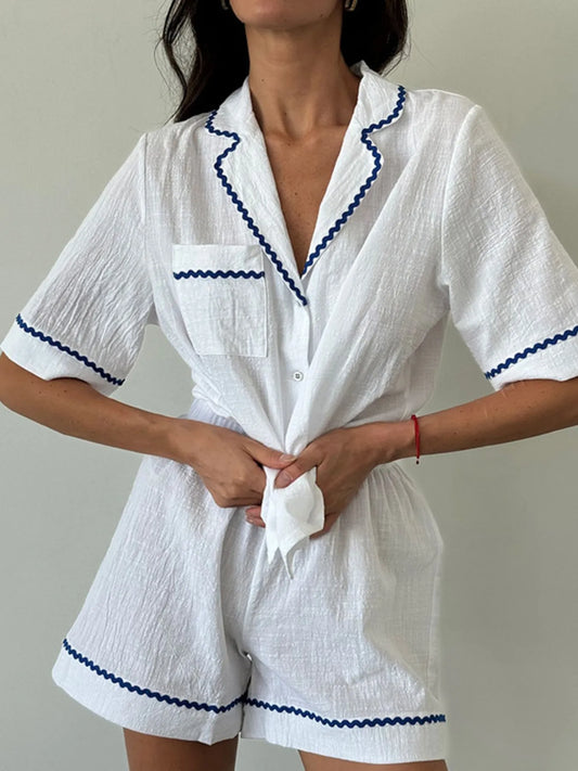 Button-Up Cotton Lounge Set with Half Sleeves & Shorts