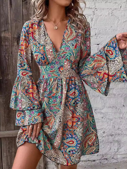 Paisley Print V-Neck Ruffled Flounce Sleeve Dress