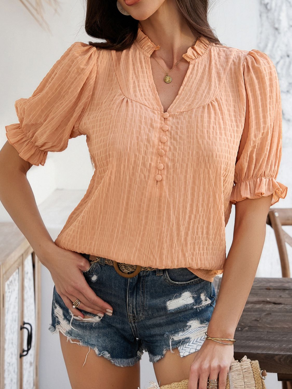 Devine Frill Notched Short Sleeve Blouse - Elegant & Chic