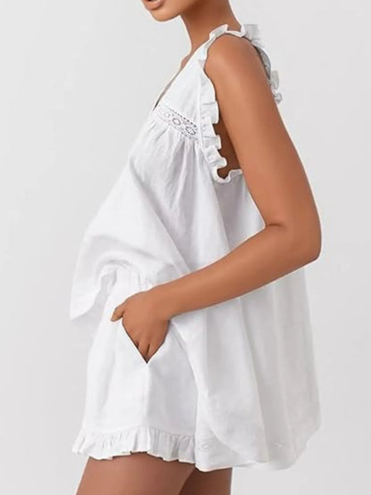 Ruffled V-Neck Top & High-Waist Shorts Co-Ord Set