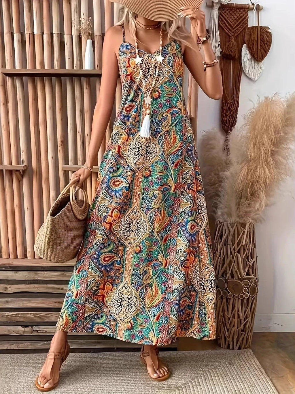 Paisley Print V-Neck Stretch Maxi Dress