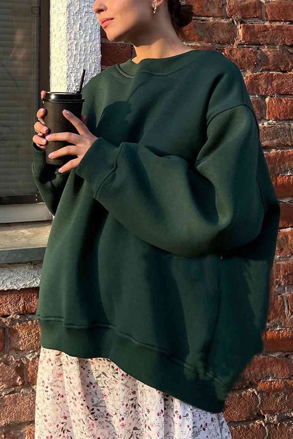 Oversized Round Neck Dropped Shoulder Sweatshirt Green