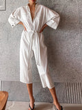 Tie Waist Wide Leg Jumpsuit – Elegant Belted One-Piece with Pockets White
