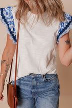 Round Neck Printed Ruffled Cap Sleeve Blouse - Chic & Feminine