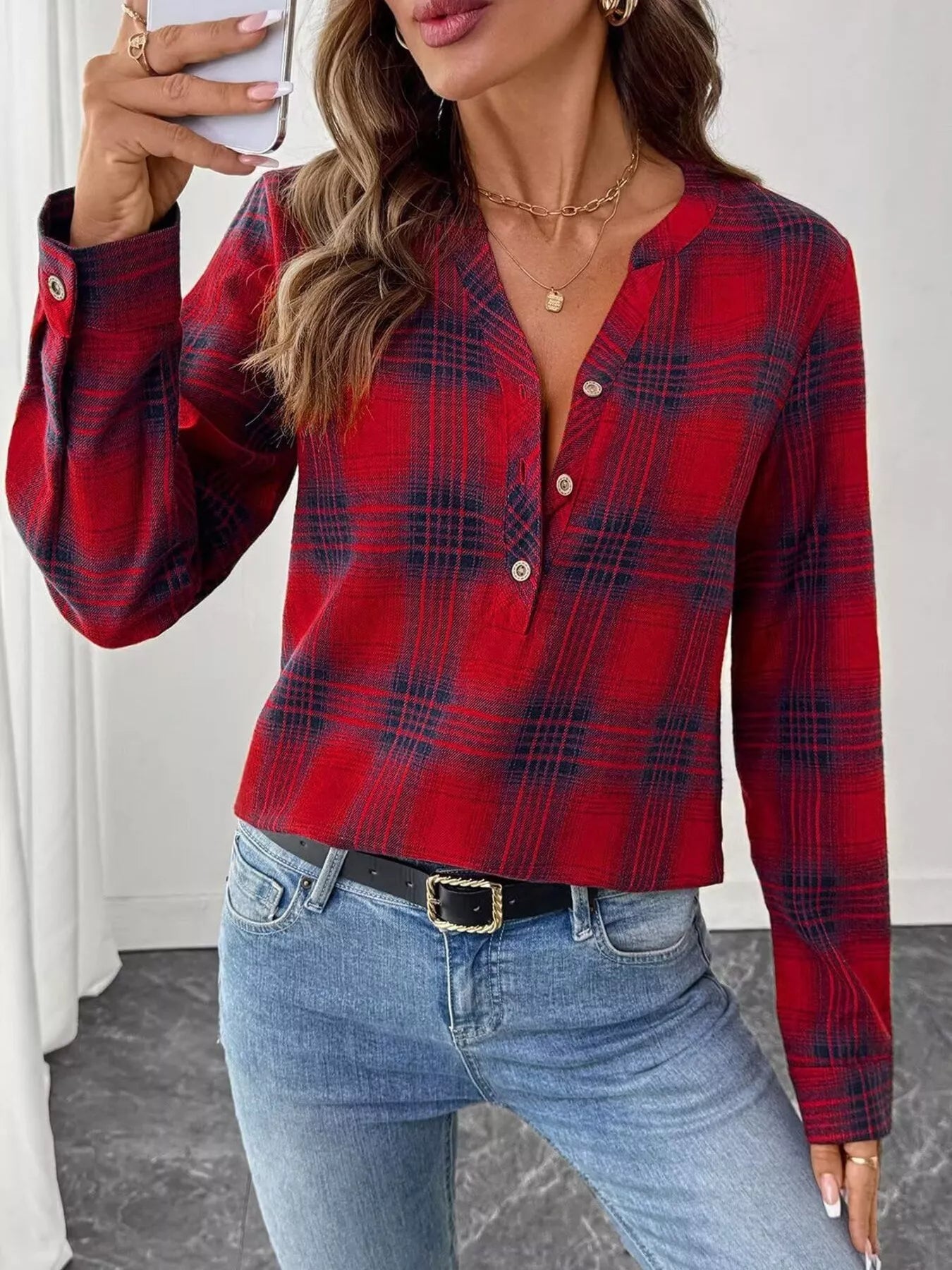 Classic Plaid Half Button Long Sleeve Blouse Red