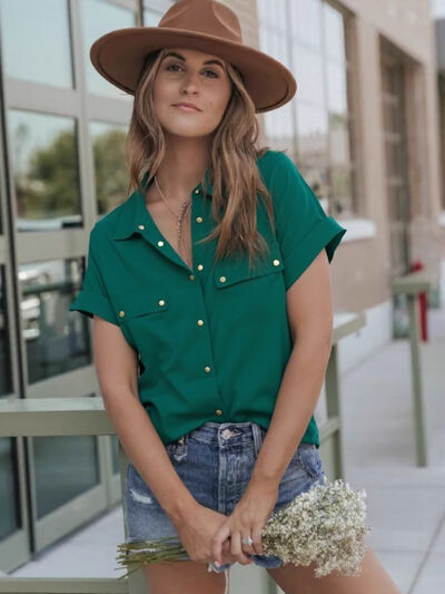 Full Size Snap-Down Collared Neck Short Sleeve Shirt Dark Green