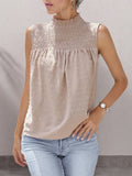 Smocked Swiss Dot Sleeveless Blouse â€“ Feminine Summer Top Beige