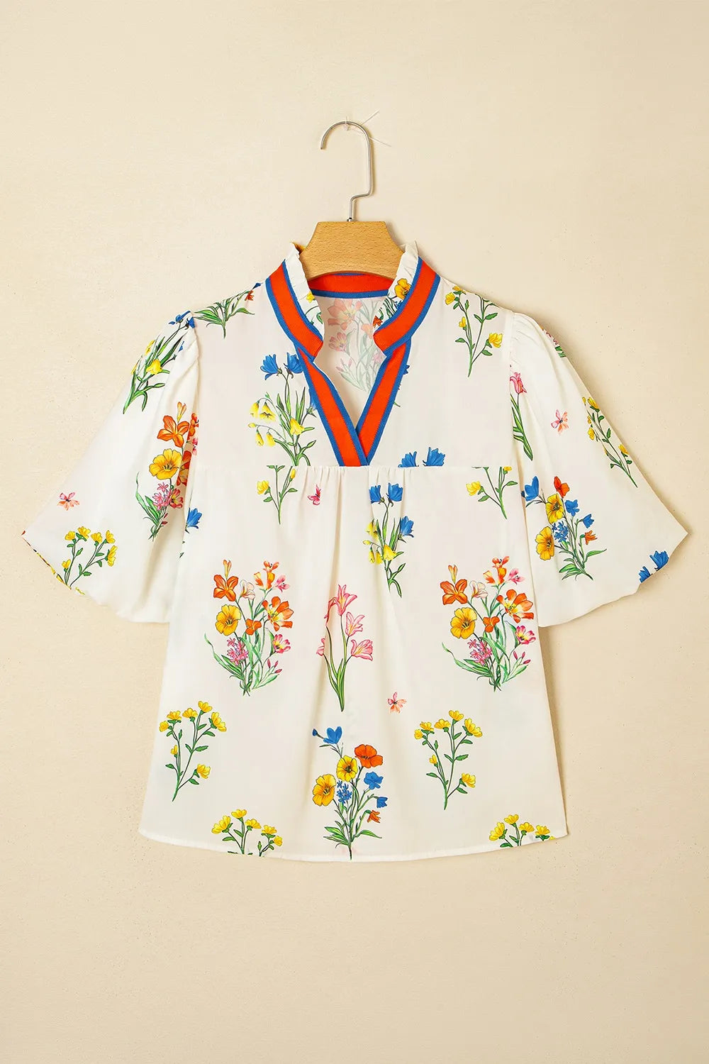 BloomEase Puff Sleeve Floral Notched Blouse