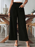 Elastic Waist Wide-Leg Pants with Pockets - Comfy & Chic Black