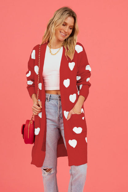 Heart Graphic Open Front Cardigan with Pockets Red