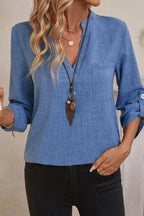 Classic Roll-Up Sleeve Notched Collar Blouse with Pocket Detail